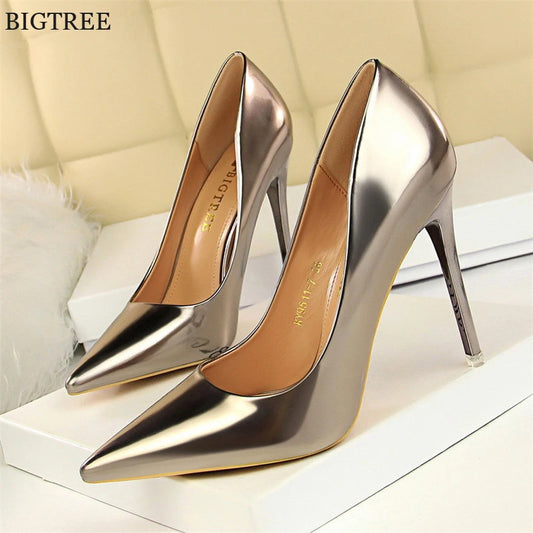 Plus Size 34-43 Patent Leather Women Office Shoes Shallow Fashion Women Pumps Pointed Toe Sexy High Heel Dress Party Shoes Woman