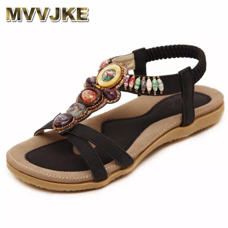 MVVJKE Bohemian Women Sandals Gemstone Beaded Slippers Summer Beach Sandals Women Flip Flops Ladies Flat Shoes