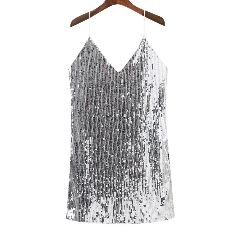 Sexy silver sequin women dress Deep v neck sleeveless short dress Elegant evening party dresses casual 2023 summer vestidos