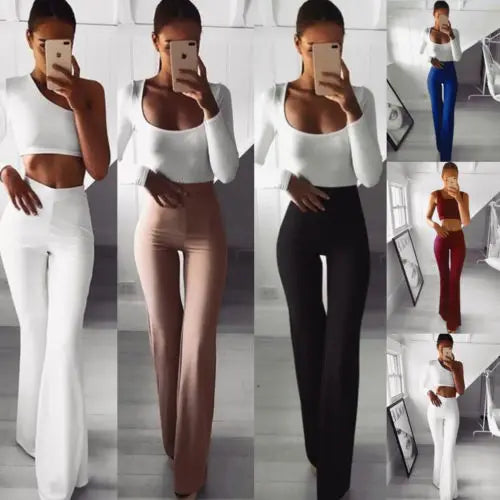 Summer Autumn Solid Elegant Female Lady Women's Palazzo Flared Wide Killer Legs Pants High Waist OL Ladies Career Long Trousers