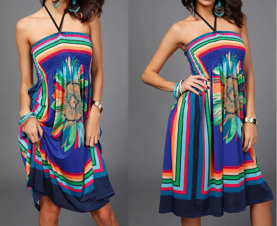 Boho Summer Women Dress Prendisole sexy con spalle scoperte Tunica con stampa floreale Abiti da spiaggia Mini prendisole con scollo all'americana di grandi dimensioni