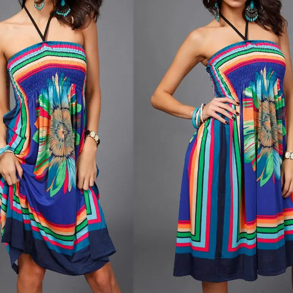 Boho Summer Women Dress Prendisole sexy con spalle scoperte Tunica con stampa floreale Abiti da spiaggia Mini prendisole con scollo all'americana di grandi dimensioni