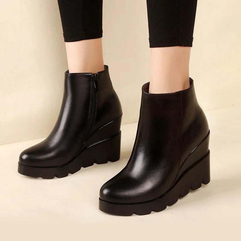 2023 autumn winter soft leather platform high heels girl wedges ankle boots shoes for woman fashion boots women Size 34-40