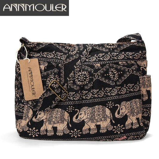 Annmouler Large Women Shoulder Bag Cotton Fabric Crossbody Bag Tribal Elephant Print Hobo Bag Soft Adjustable Messenger Bag