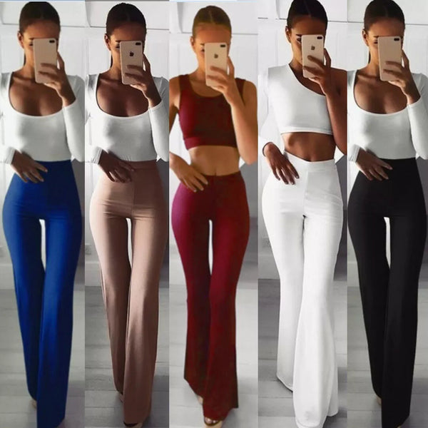 Summer Autumn Solid Elegant Female Lady Women's Palazzo Flared Wide Killer Legs Pants High Waist OL Ladies Career Long Trousers