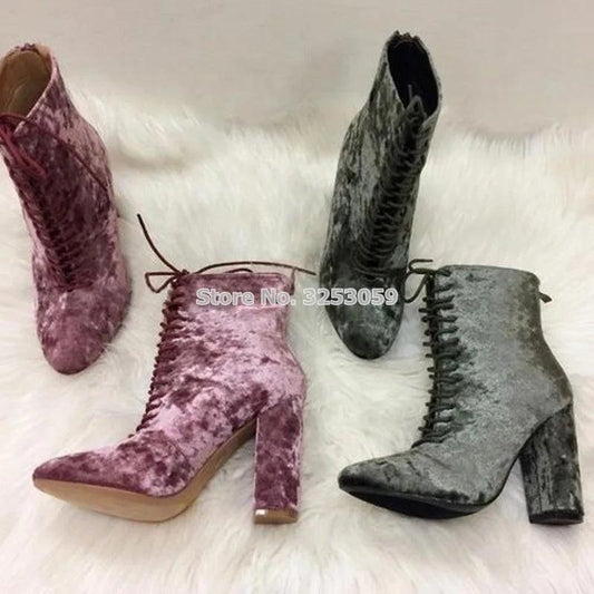 Ladies Popular Velvet Short Boots Lace Up Chunky High Heel Booties Fashionable Footwear Motorcycle Boots Dress Ankle Boots
