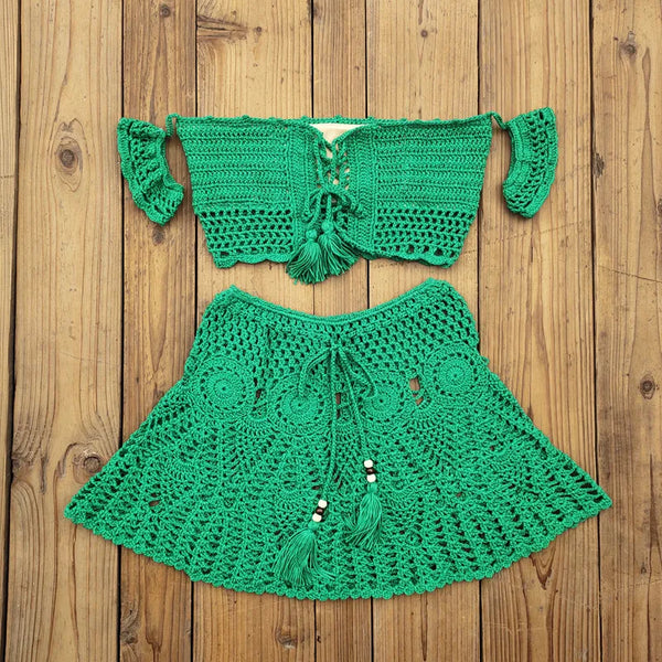 Hand Crochet Florens Skirt Women Swimwear Sexy Beach Bikini cover up Skirt Boho Style elastic waistband tassels