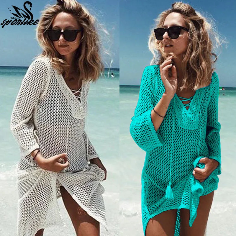 2024 New Beach Cover Up Bikini Crochet Knitted Tassel Tie Beachwear Summer Swimsuit Cover Up Sexy See-through Beach Dress