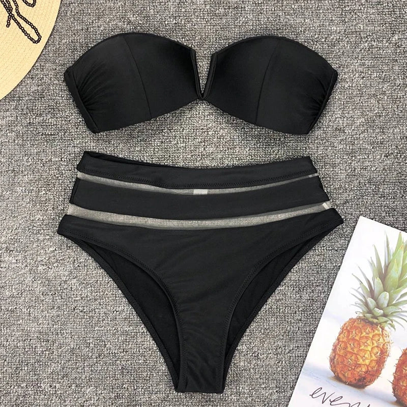 2024 New Sexy High Waist Bikini Women Mesh Swimsuit Push Up Swimwear Off Shoulder Bikini Set Solid Bathing Suit Summer Beachwear