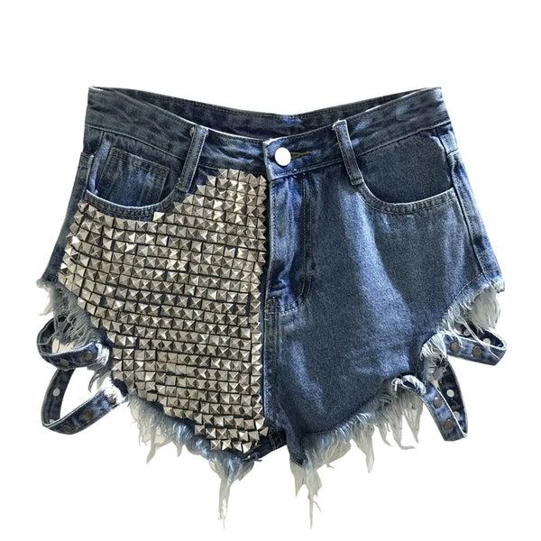 Rivet denim shorts 2022 summer spring women high waist loose tassel jeans shorts add XXL