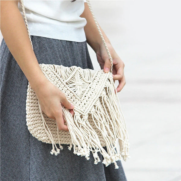 Borsa da spiaggia casual alla moda in paglia, borsa da spiaggia con nappa cava, borsa intrecciata a mano, borsa a tracolla in corda di cotone