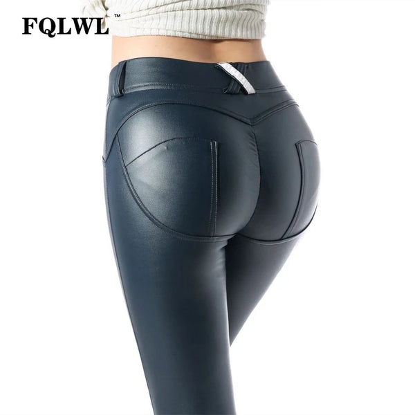 Habbris PU Faux Leather Pants Women Elastic Waist Hip Push Up Black Sexy Female Leggings Jegging Casual Blue Skinny Pencil Pants