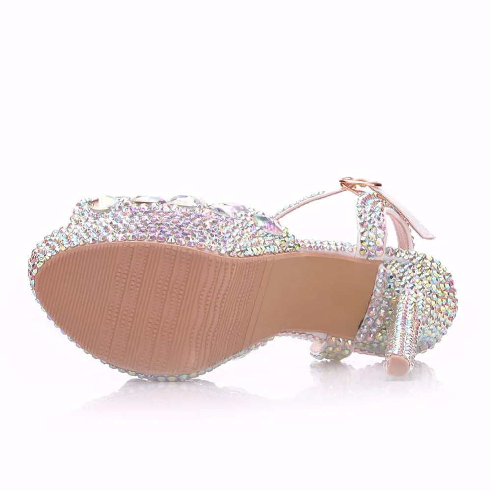 Crystal Queen Diamond Women Super High Heels Wedding Pumps 14cm Peep Shoes  Platform 4CM  Wristband Colorful Stiletto
