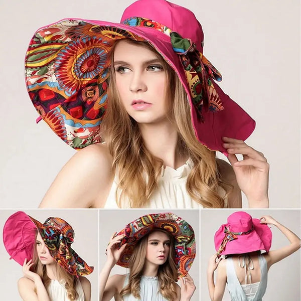 Fashion Women Flower Folding Brimmed Hat Sun UV Protection Summer Beach Bowknot Hats