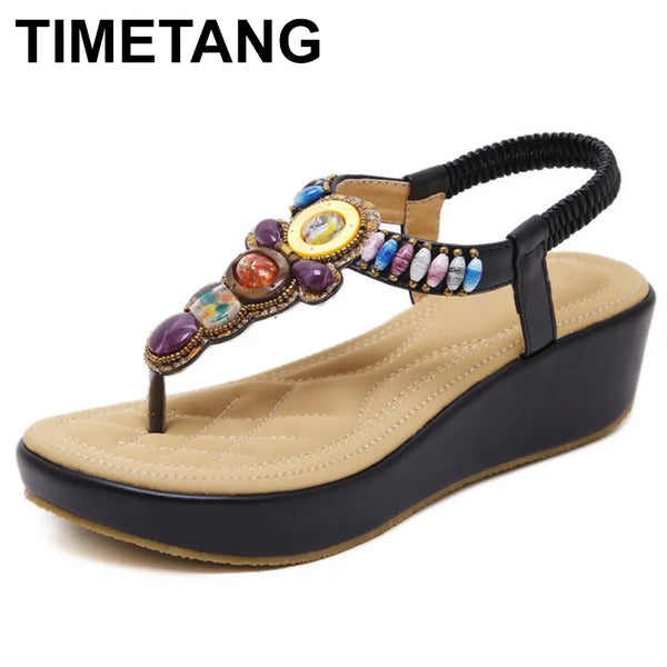 TIMETANG Summer women shoes new fashion slope woman sandals beads Plus size Femme Soft Open Toe wedges Women Sandals  C056