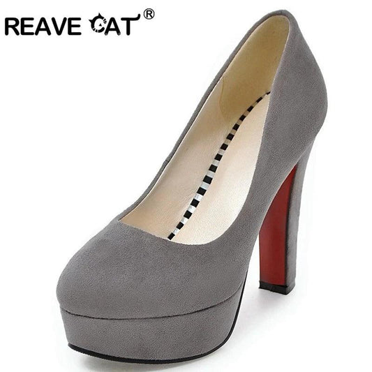 REAVE CAT Ladies women High heels Pumps Platform Flock Round toe Thick heels Plus size 32-43 Black Red Grey Dress shoes 12cm