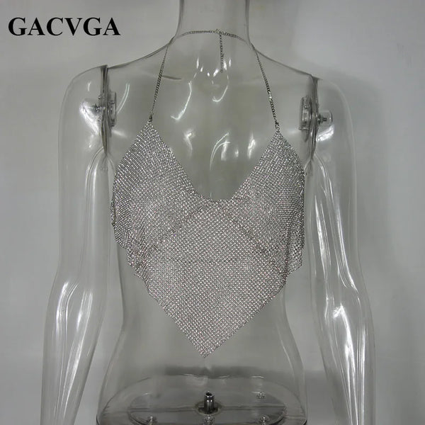 GACVGA 2022 Triangolo Diamanti Crop Top Crystal Halter Top estivi Glitter Donna Sexy Backless Nightclub Bralette Canotta