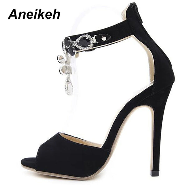 Aneikeh Sandali con tacco alto in pelle scamosciata decorati da donna in cristallo nero Sandali sexy con cinturino alla caviglia e strass Scarpe da gladiatore
