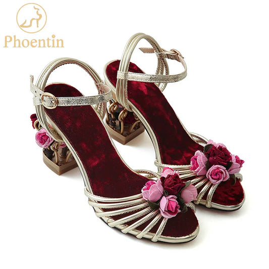 Phoentin flower golden women sandals 2023 birdcage strange heels ankle strap buckle ladies sandal mixed color woman shoes FT335