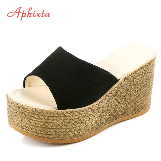 Aphixta Platform Wedges Shoes Women Slippers Women Luxury Open Peep Toes Summer Shoes Black Slippers Women Slides Wedge Sandals