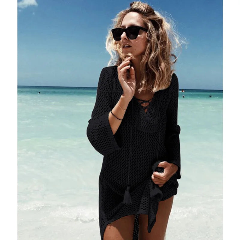 2024 New Beach Cover Up Bikini Crochet Knitted Tassel Tie Beachwear Summer Swimsuit Cover Up Sexy See-through Beach Dress
