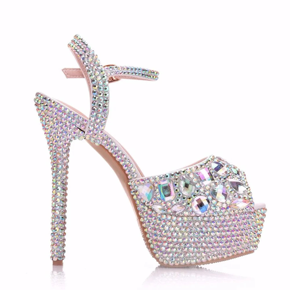 Crystal Queen Diamond Women Super High Heels Wedding Pumps 14cm Peep Shoes  Platform 4CM  Wristband Colorful Stiletto