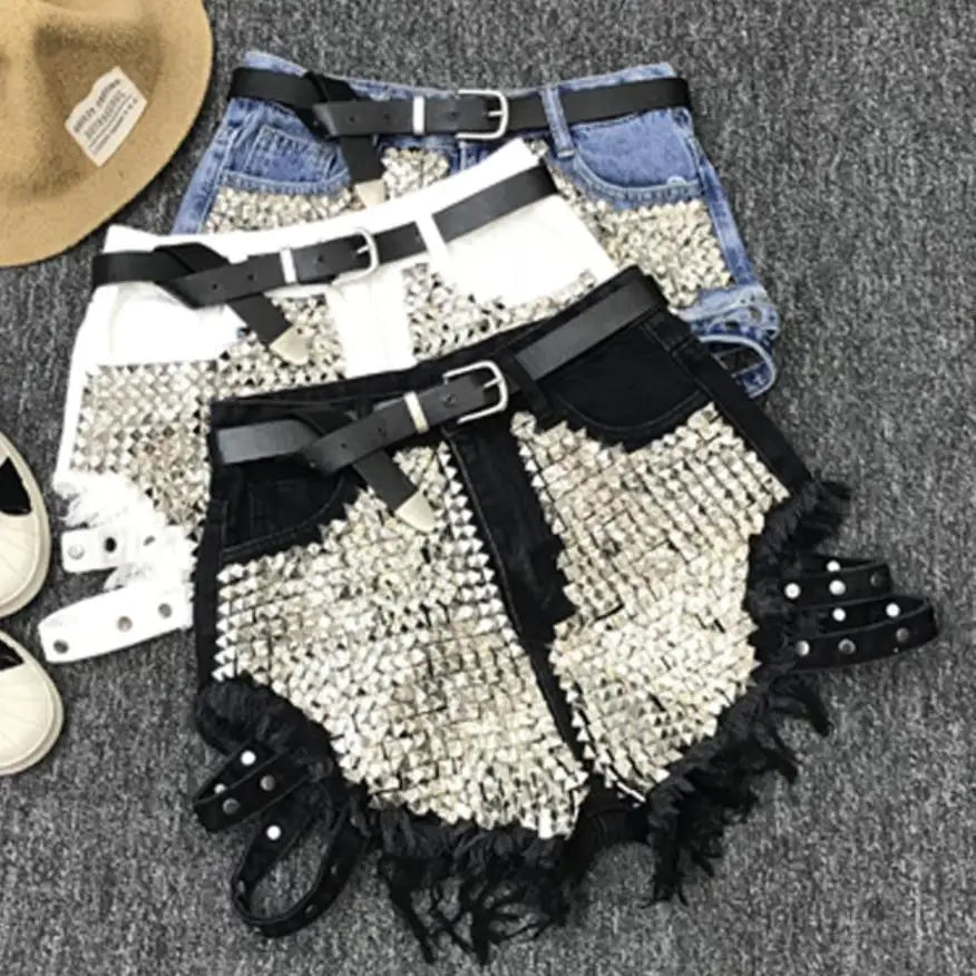 Rivet denim shorts 2022 summer spring women high waist loose tassel jeans shorts add XXL