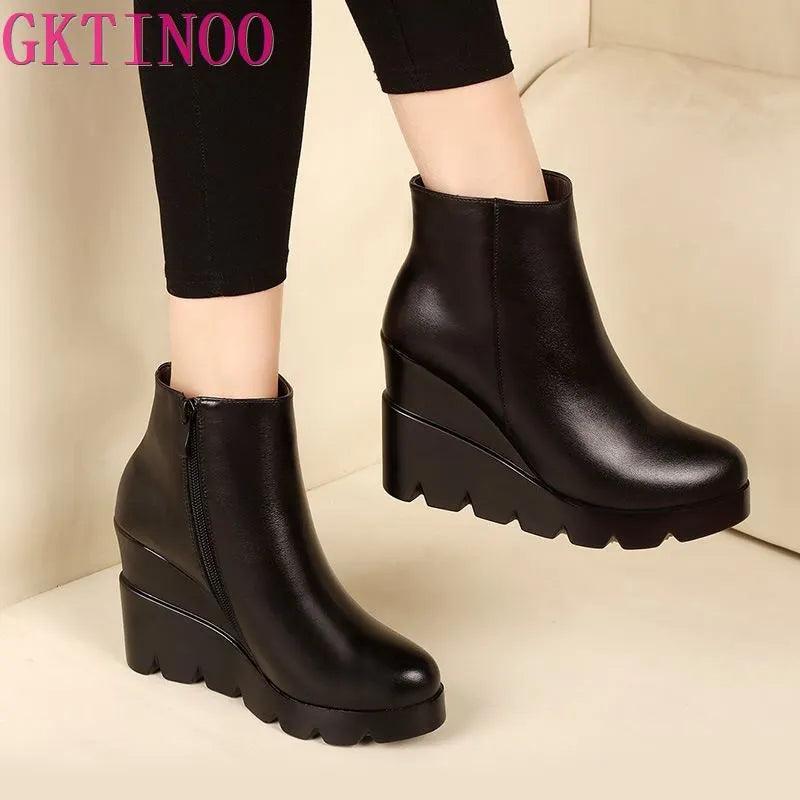 2023 autumn winter soft leather platform high heels girl wedges ankle boots shoes for woman fashion boots women Size 34-40