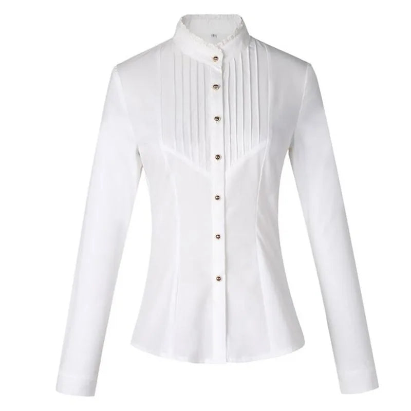 Camicette bianche a maniche lunghe moda primavera abbigliamento donna camicette formali sottili in pizzo con colletto alla coreana camicia da ufficio da donna