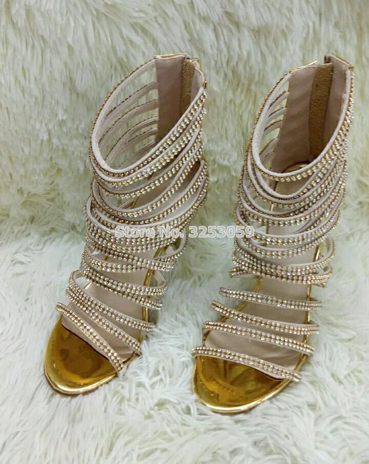 Lussuosi sandali di cristallo oro Bling Bling Sandali gladiatore con cinturino sottile Scarpe con tacco a spillo Sandali con gabbia con strass