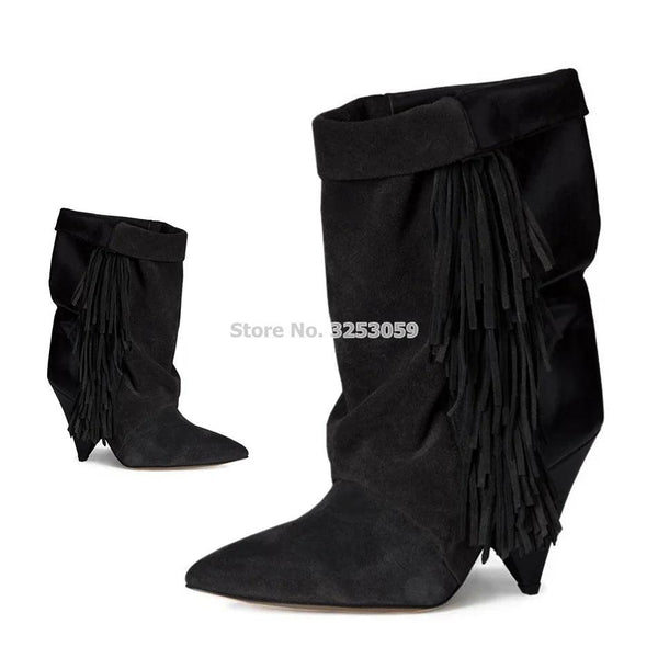 ALMUDENA Chic Stylish Black Grey Suede Leather Patchwork Boots Mid-calf Spike Heels Middle Fringe Boots Side Tassel Boots