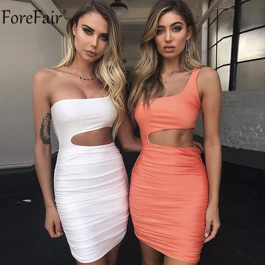 Forefair Y2K New Ruched Mini Bodycon Dress Summer Women Backless Evening Party Dresses Summer One Shoulder Sleeveless Sexy Dress