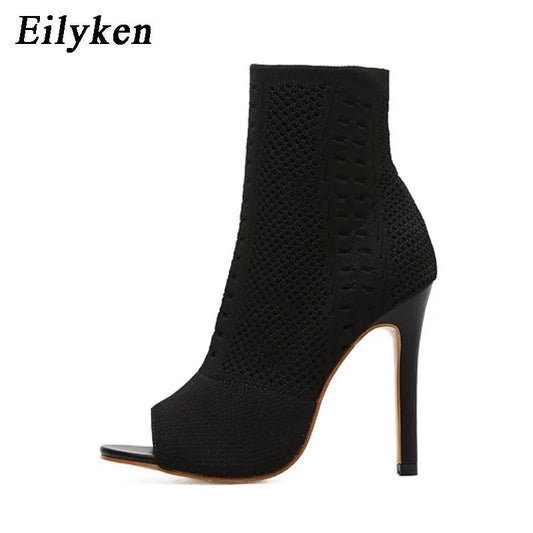 Eilyken New Style Peep Toe Ankle Boots Stretch Women Fabric Out Breathable Booties Sexy Dance Pole Ladies Pumps Shoes