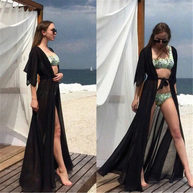 Summer Lady Beach Cover Up Sexy Bikini 2024 Chiffon Long Dress For Women Solid Beach Dress Women Bathing Suit Beach Tunic Kaftan