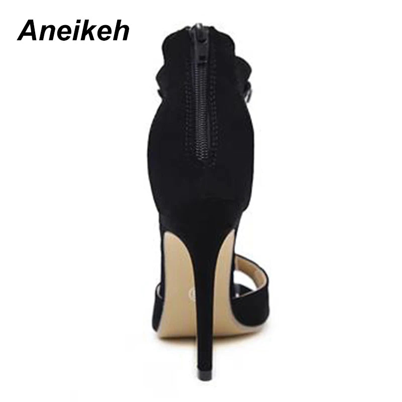 Aneikeh Sandali con tacco alto in pelle scamosciata decorati da donna in cristallo nero Sandali sexy con cinturino alla caviglia e strass Scarpe da gladiatore