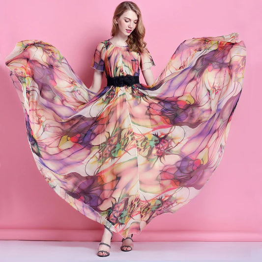 Colorful Floral Printed Chiffon Maxi Dress Free and Loose Beach Wedding Long Flowy Dress with Sleeves