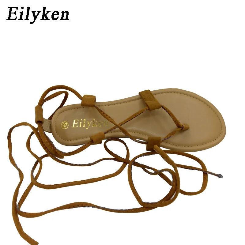 Eilyken Summer Roman Sandals Cross-Strap Tall Knee High Bondage Thong Flat Women Sandals Flip Flops Black Apricot