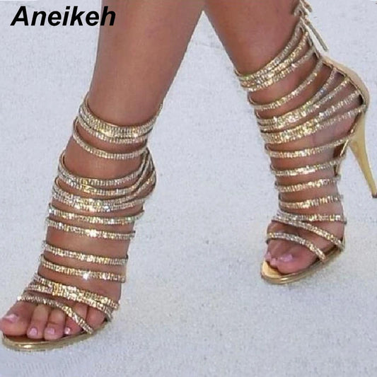 Aneikeh Bling Bling Gold Crystal Sandals Thin Strappy Gladiator Sandal Shoes Stiletto Heel Wedding Pumps Rhinestone Cage Sandal