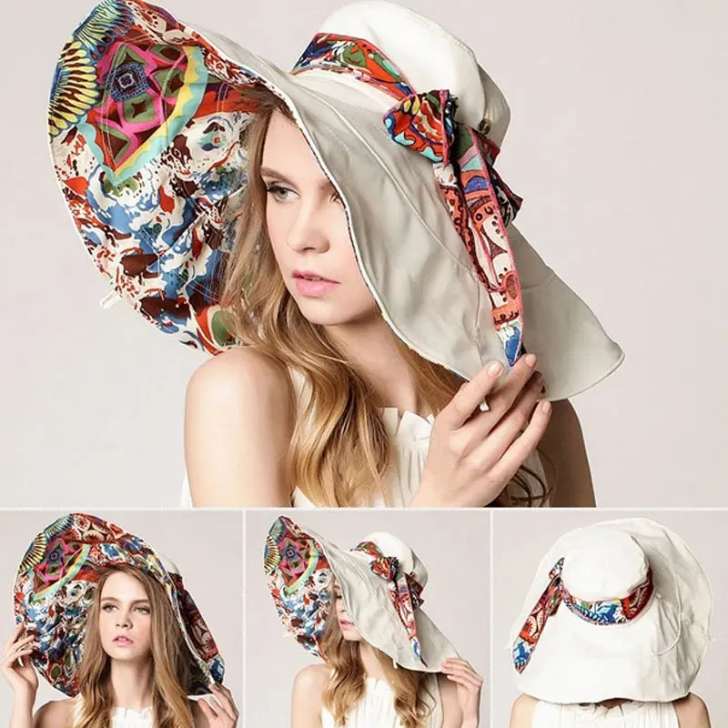 Fashion Women Flower Folding Brimmed Hat Sun UV Protection Summer Beach Bowknot Hats