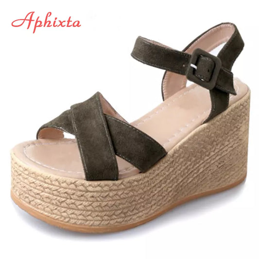 Aphixta Platform Wedge Heel Women's Sandals Woman Shoes Flock Summer Peep Toe Fashion High Heel Buckle Sandals Sandalia Feminina