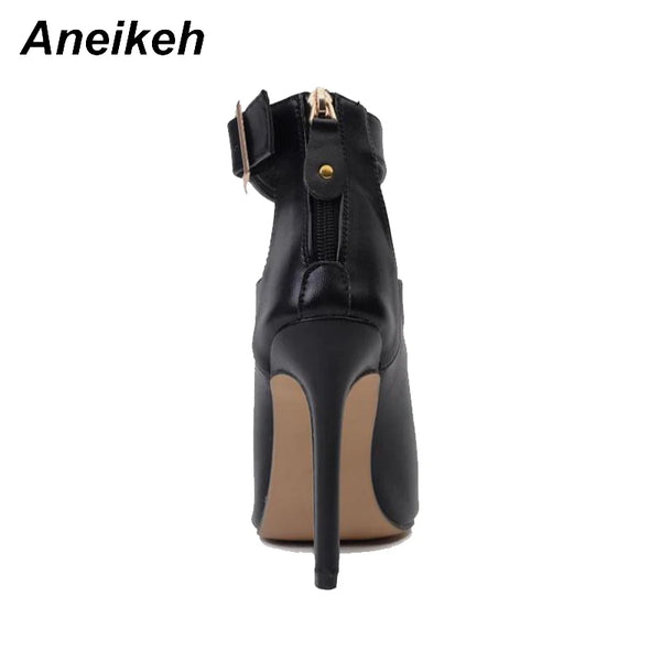 Aneikeh 2024 Summer Fashion Sexy PU Peep Toe High Heels Women's Cover Heel Metal Button Thin Heel Sandals Party Dress Zapatos