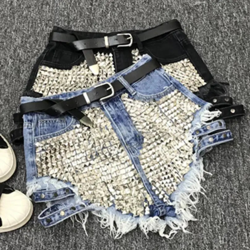 Rivet denim shorts 2022 summer spring women high waist loose tassel jeans shorts add XXL