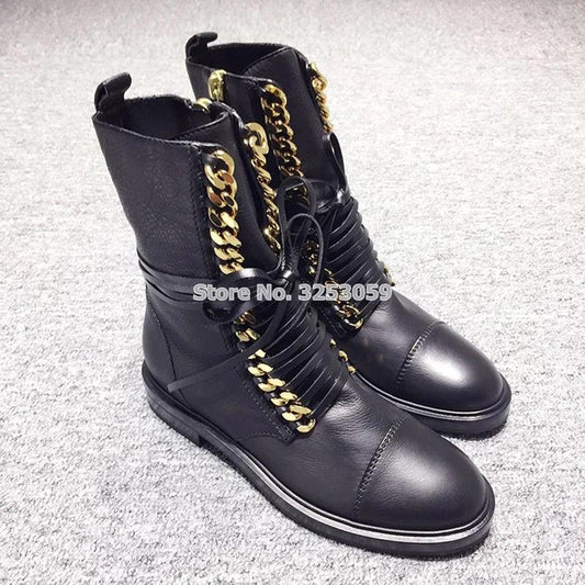 Newest Hot Selling Punk Style Gold Silver Chain Boots Flat Motorcycle Boots Casual Lace-up Ridding Boots Dropship Ankle Boots