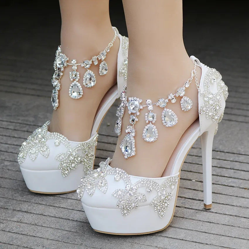 Crystal Queen Fashion Rhinestone Sandals Pumps Shoes Women Sweet Luxury Platform Wedges Wedding High Heels