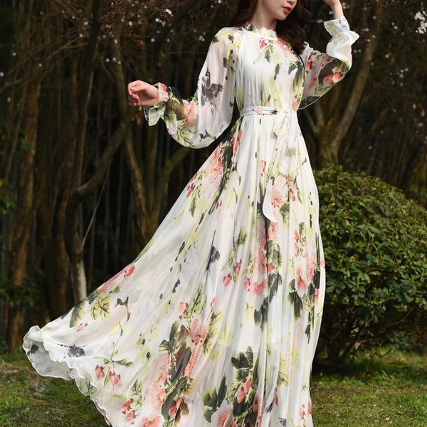 Floral Printed Maxi Dress Women's Sundress 2023  Abaya Dubai Hijab Chiffon Muslim Dresses New African Turkey Islam Kaftan Robe