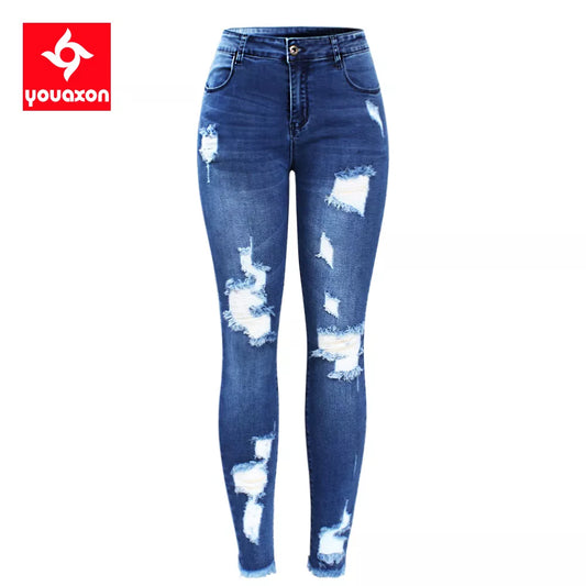 2127 Youaxon New S-XXXXXL Jeans ultra elastici blu strappati con nappe Pantaloni donna denim Pantaloni per donna Jeans skinny a matita
