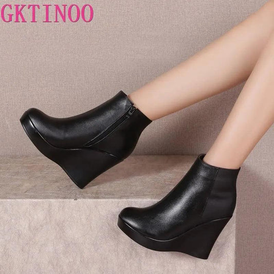 GKTINOO 2023 Genuine Leather Autumn Winter Boots Shoes Women Ankle Boots Female Wedges Boots Women Boot Platform Shoes