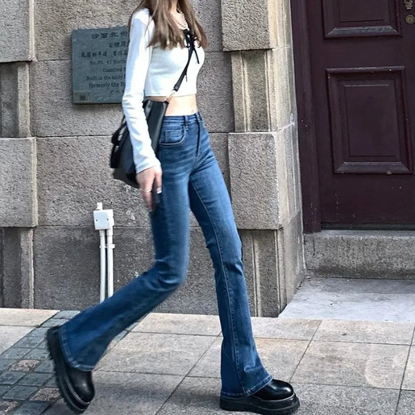 Jeans a zampa da donna stile coreano sbiancato chic sottile alla moda elastico a vita bassa retrò elegante Ulzzang College Street a figura intera signora