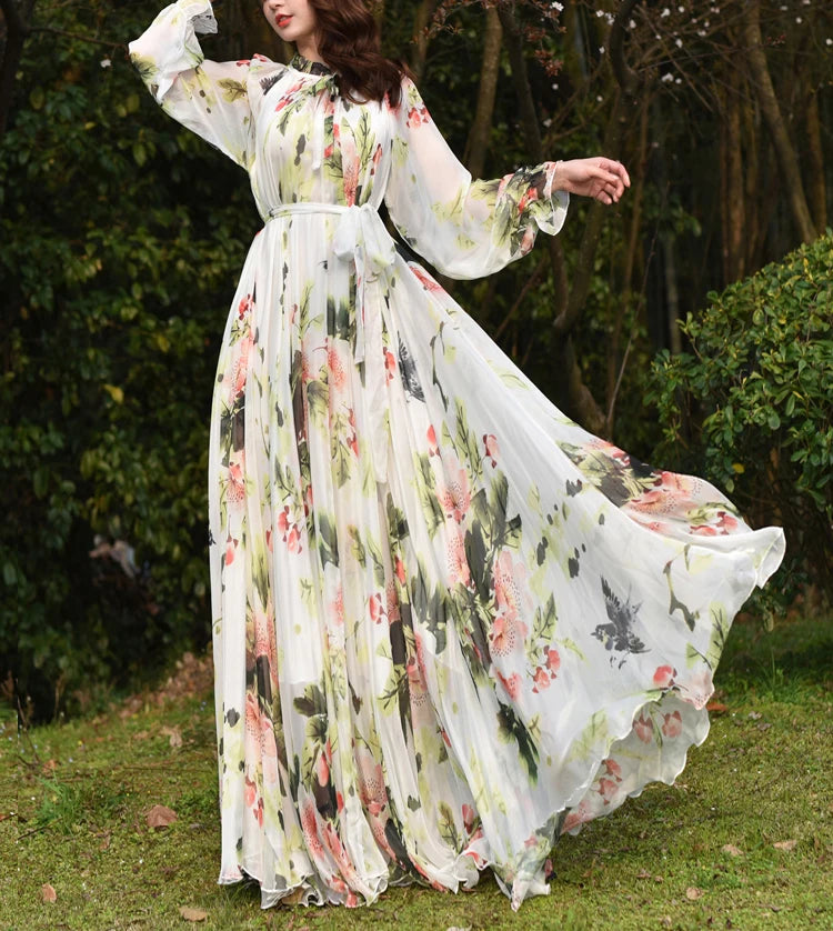 Floral Printed Maxi Dress Women's Sundress 2023  Abaya Dubai Hijab Chiffon Muslim Dresses New African Turkey Islam Kaftan Robe