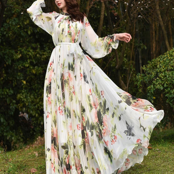 Floral Printed Maxi Dress Women's Sundress 2023  Abaya Dubai Hijab Chiffon Muslim Dresses New African Turkey Islam Kaftan Robe